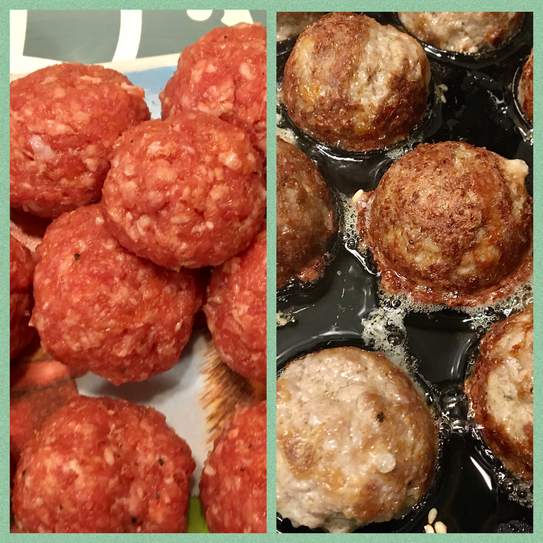 Vorher Nachher Bild von Hackbällchen vor und nach dem Anbraten